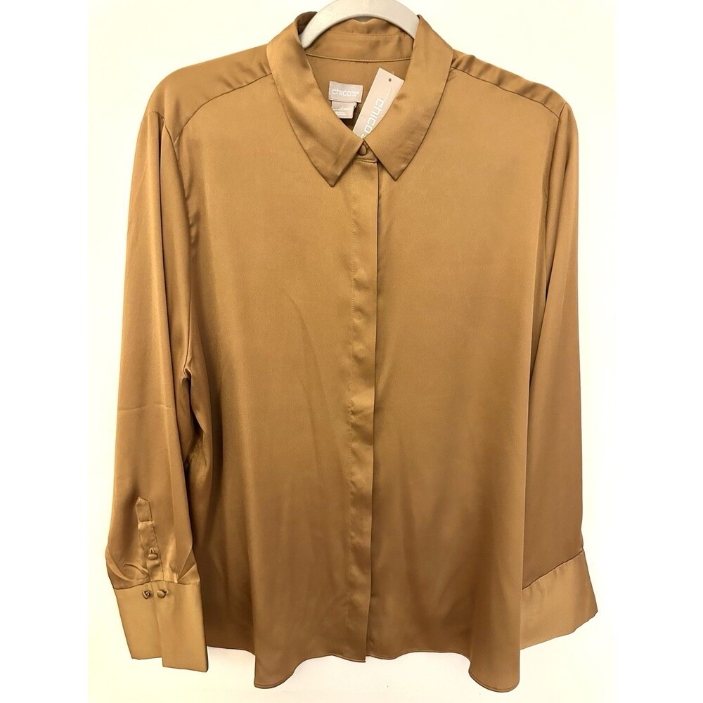 Chicos Women’s Satin Blouse Shirt Size 3 16-18 NWT English Toffee